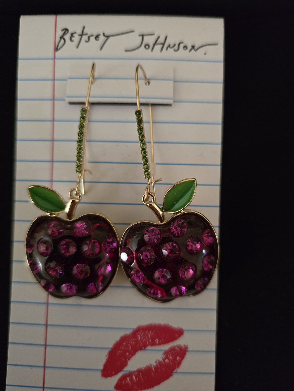 Betsey Johnson Magenta Crystal Apple Drop Earrings with Green Leaves